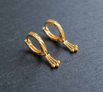 22K Gold Engraved Bali Earrings with Triple Chain Beaded Drops