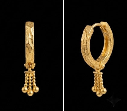 22KT Gold Engraved Bali Earrings with Triple Chain Beaded Drops