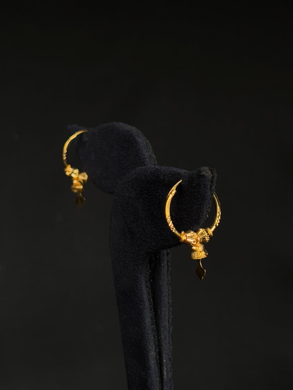 Traditional 22K Gold Triple Bead Drop Earrings | Fan Motif Gold Bali