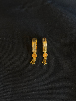 22K Gold Small Hoop Earrings with Dangling Bead Details - Classic & Elegant