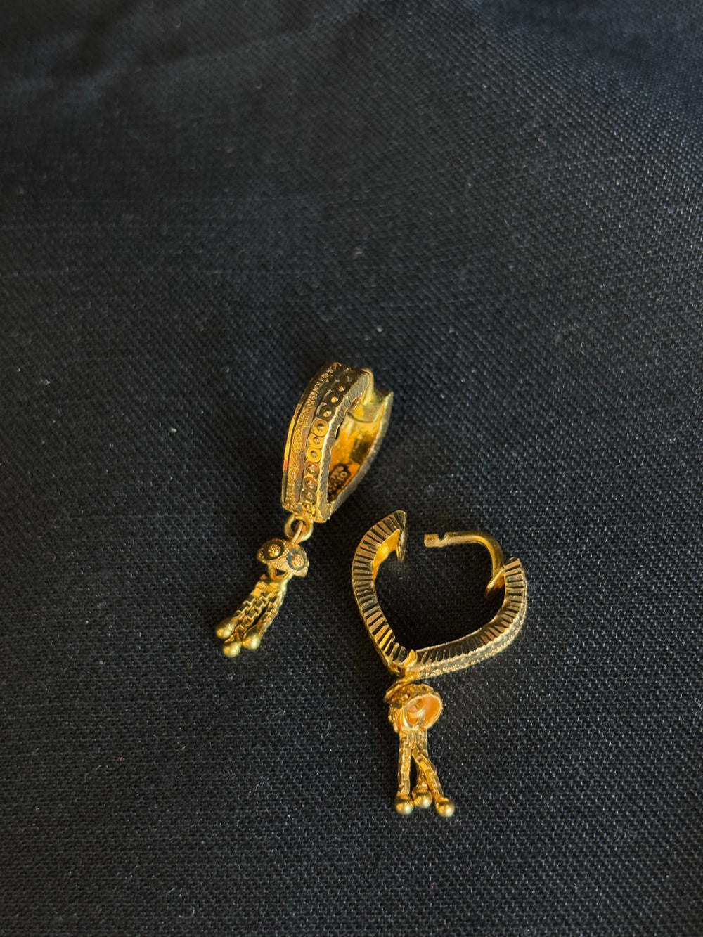 22K Gold Small Hoop Earrings with Dangling Bead Details - Classic & Elegant