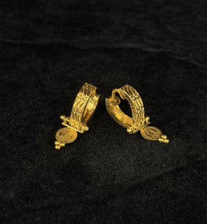Vintage Style 22K Gold Victoria Coin Bali Earrings | Antique Finish Hoop Charms