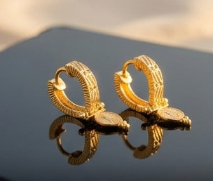 Vintage Style 22K Gold Victoria Coin Bali Earrings | Antique Finish Hoop Charms
