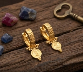 Vintage Style 22KT Gold Victoria Coin Bali Earrings | Antique Finish Hoop Charms