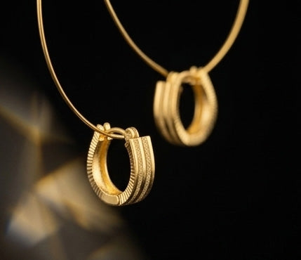 22K Yellow Gold Ribbed Hoop Earrings | Minimalist Textured Gold Bali