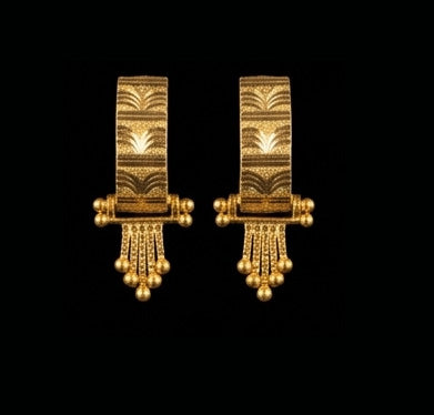 22K Yellow Gold Scalloped Motif Bali with Fine Mesh Tassel Drops