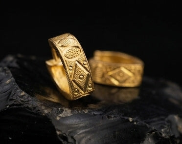 22K Gold Embossed Rhombus Pattern Bali | Textured Yellow Gold Hoop Earrings