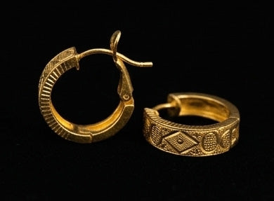 22K Gold Embossed Rhombus Pattern Bali | Textured Yellow Gold Hoop Earrings