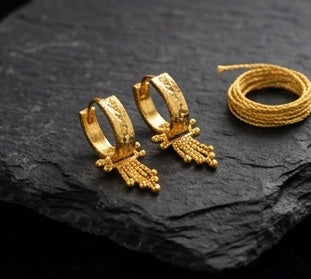22K Gold Criss-Cross Textured Bali with Five-Strand Beaded Tassels