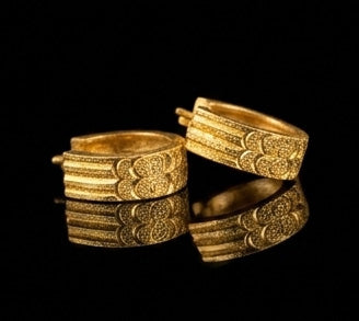 22K Gold Floral Engraved Bali Hoops | Scalloped Edge Gold Earrings