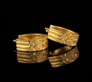 22K Gold Floral Engraved Bali Hoops | Scalloped Edge Gold Earrings