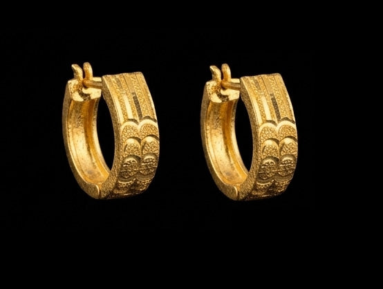 22KT Gold Floral Engraved Bali Hoops | Scalloped Edge Gold Earrings