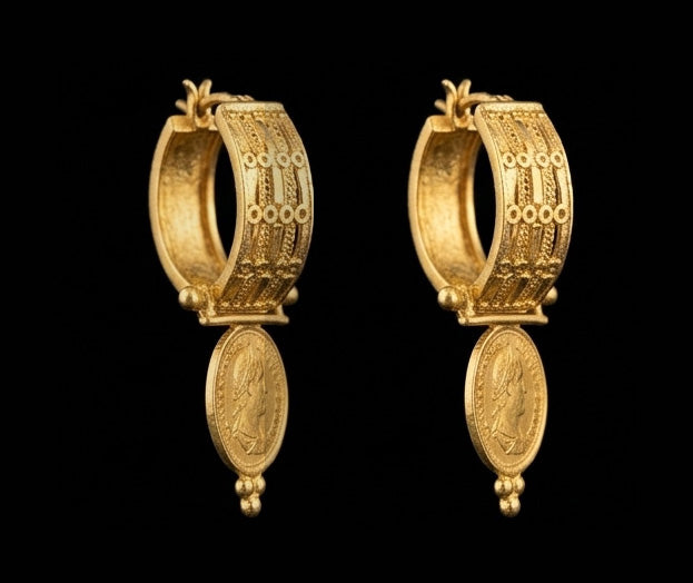 Luxury 22K Gold Wide-Band Coin Earrings | Ornate Granulated Bali Hoops