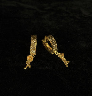22K Gold Bali Earrings with Circular Embossed Band and Beaded Charm Drops