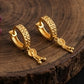 22K Gold Bali Earrings with Circular Embossed Band and Beaded Charm Drops
