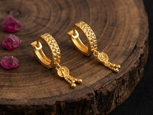22K Gold Bali Earrings with Circular Embossed Band and Beaded Charm Drops
