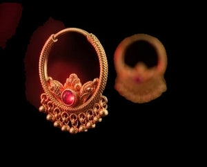 22K Yellow Gold Ruby Stone Bali Earrings with Traditional Granulation & Jhumki Drops