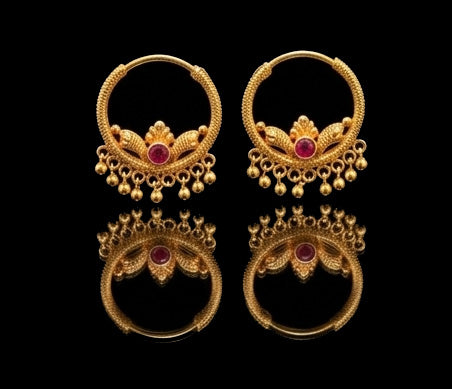 22KT Yellow Gold Ruby Stone Bali Earrings with Traditional Granulation & Jhumki Drops