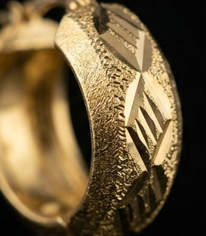 22K Gold Wide Band Huggie Bali Earrings with Geometric Diamond-Cut Panels