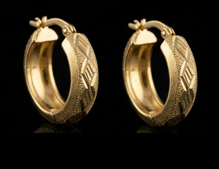 22KT Gold Wide Band Huggie Bali Earrings with Geometric Diamond-Cut Panels