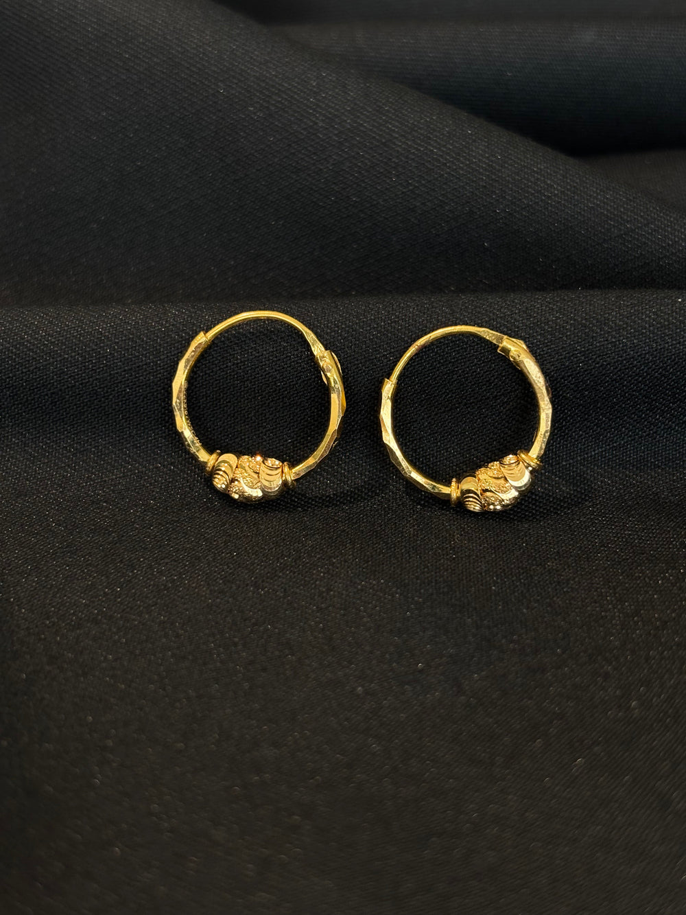22K Gold Plain Textured Bali Hoop Earrings