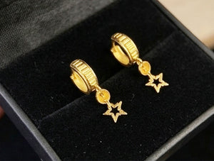 22K Yellow Gold Ribbed Bali Earrings with Dangling Star Charms