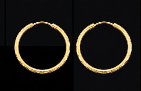 22K Yellow Gold Slim Bali Hoops with Sparkle Diamond-Cut Texture