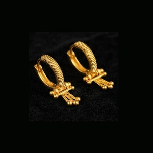 22K Yellow Gold Ribbed Bali Earrings with Three-Tier Beaded Tassel Drops