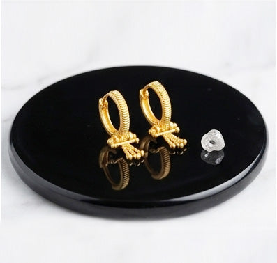 22K Yellow Gold Ribbed Bali Earrings with Three-Tier Beaded Tassel Drops