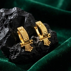 22K Gold Etched Geometric Bali Hoops | Modern Textured Gold Huggie Earrings