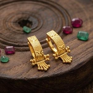 22K Gold Etched Geometric Bali Hoops | Modern Textured Gold Huggie Earrings