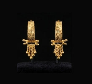 22K Yellow Gold Granulated Bali Earrings | Traditional Indian Rawa Work Hoops