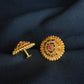 Artisan 22K Gold Circular Stud Earrings with Gemstone Accent.