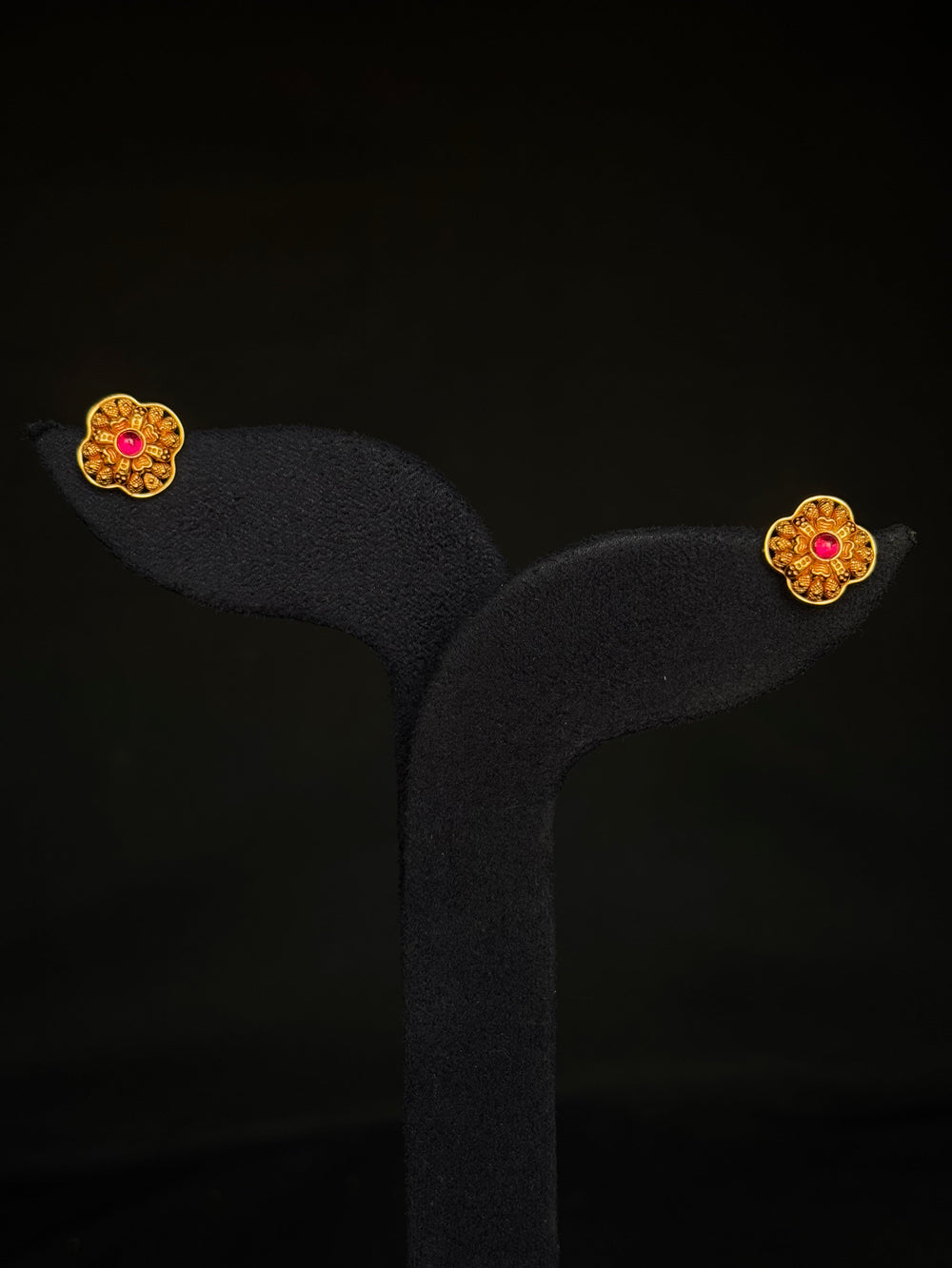 Elegant 22K Gold Floral/Petal Stud Earrings with Gemstone Accent.