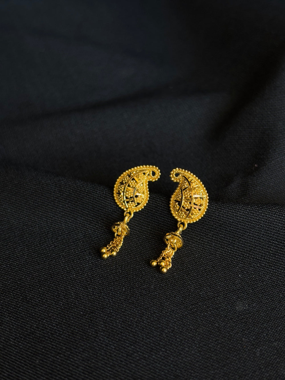 Elegant 22K Gold Paisley/Mango Stud Earrings with Dangling Beads.