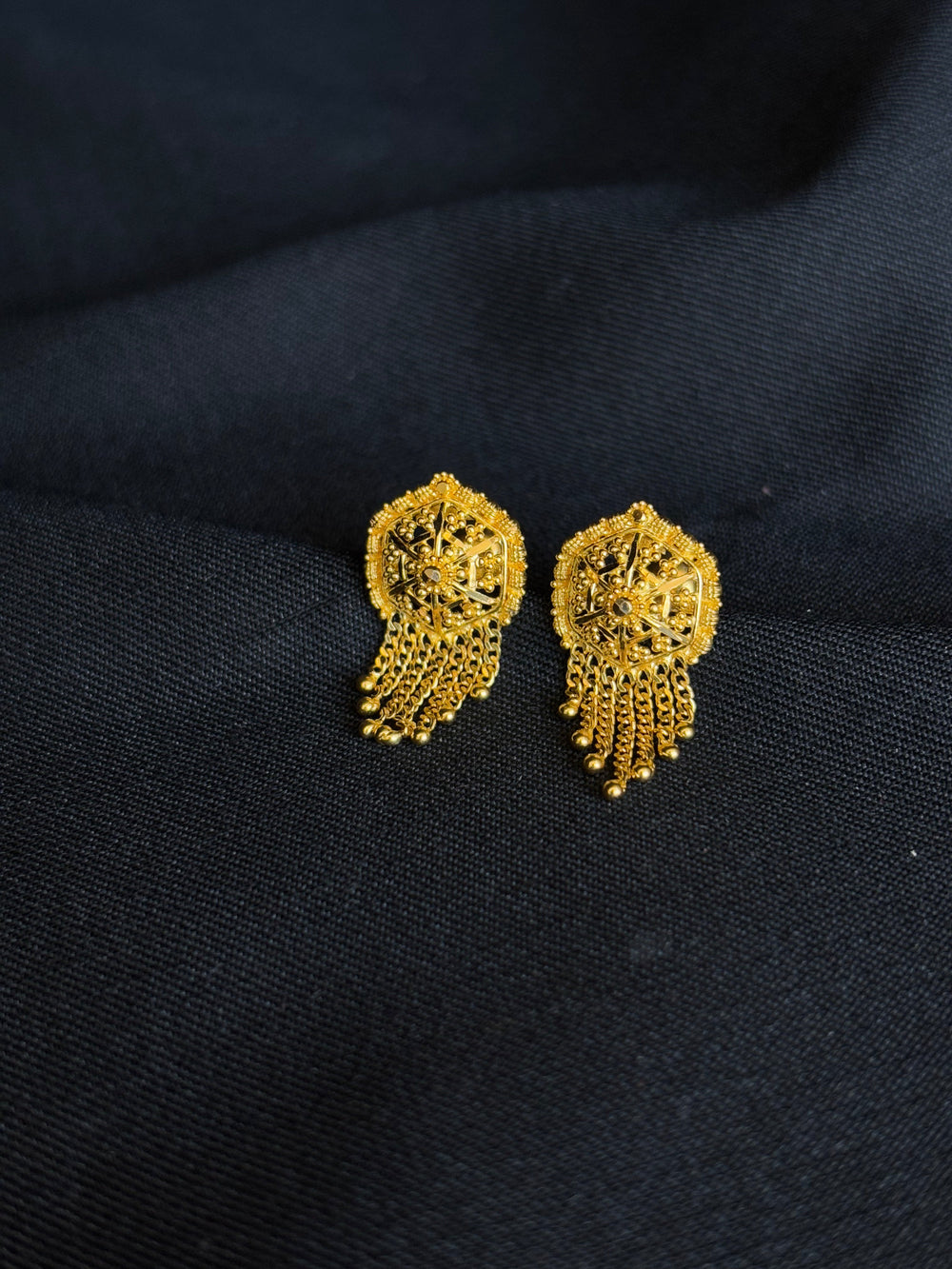 22K Gold Stud Earrings with Dangling Chain Details.