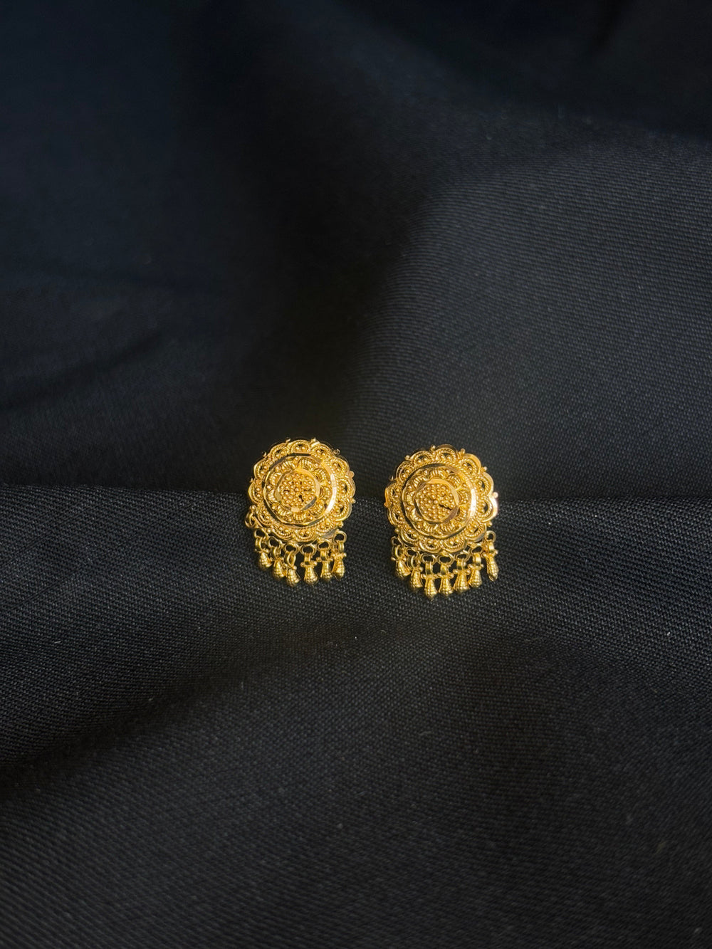 22K Gold Oval Stud Earrings with Dangling Beads.