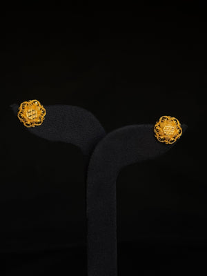 22K Gold Floral/Geometric Stud Earrings with Intricate Pattern.