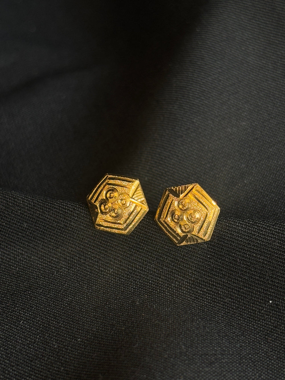 22K Gold Hexagonal Stud Earrings.