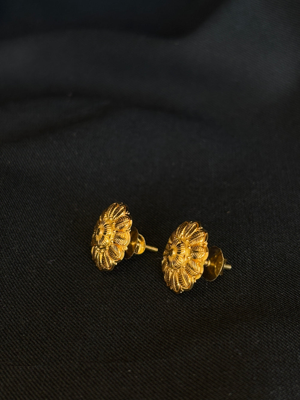 22KT Gold Floral Stud Earrings with Textured Petals - Elegant & Traditional