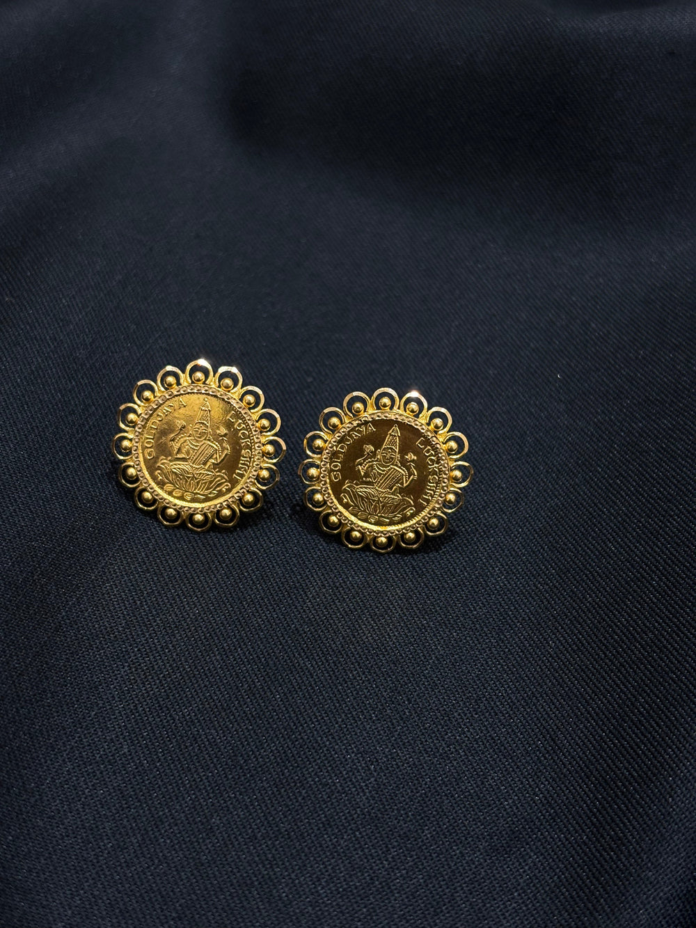 22K Gold Lakshmi Coin Stud Earrings - Traditional Indian Auspicious Jewelry