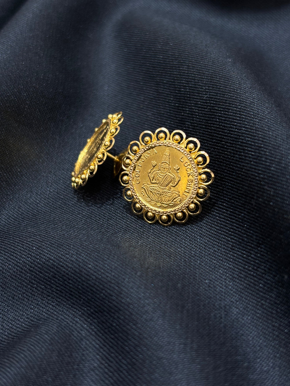 22K Gold Lakshmi Coin Stud Earrings - Traditional Indian Auspicious Jewelry