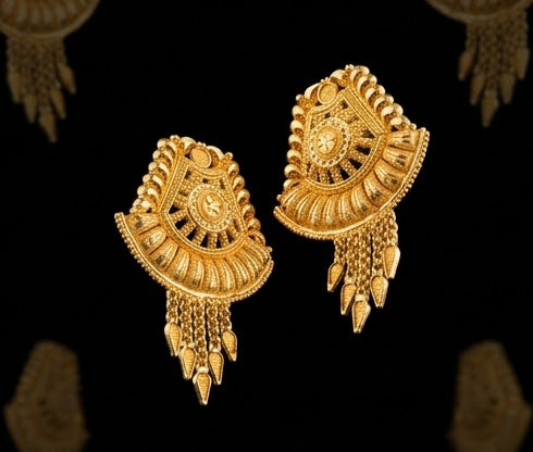 22K Gold Tiered Temple Style Drop Earrings | Traditional Granulated Gold Jewelry