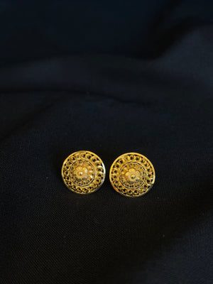 22K Gold Oval Stud Earrings with Floral Center Detail
