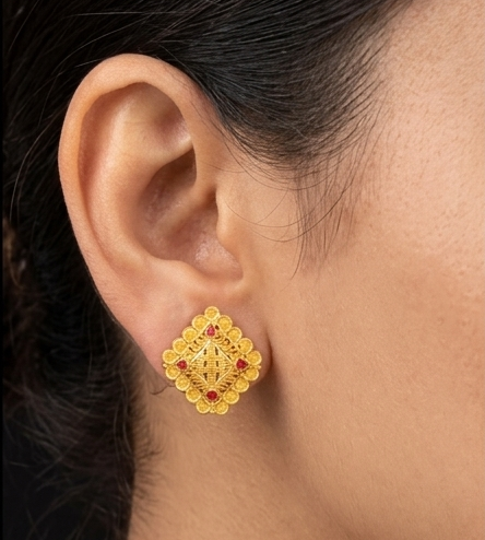 22KT Yellow Gold Geometric Filigree Drop Earrings | Traditional Textured Jewelry