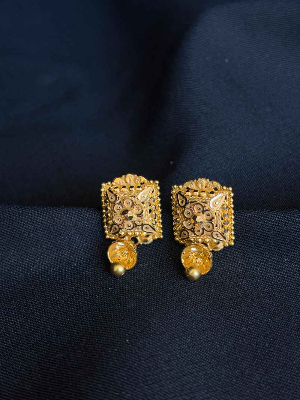 22K Gold Square Stud Earrings with Dangling Beads & Intricate Design