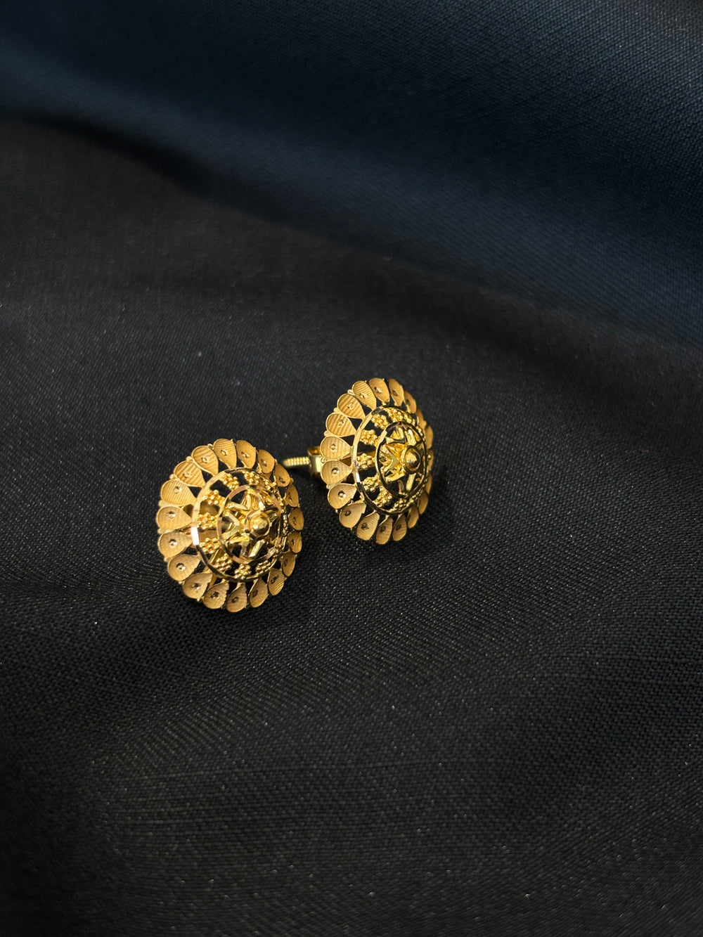 22K Gold Domed Stud Earrings with Radial Design