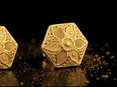 22K Yellow Gold Fan Silhouette Drop Earrings | Textured Geometric Gold Jewelry
