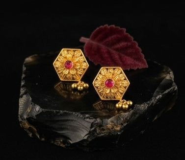 22KT Gold Floral/Geometric Earrings with Gemstone & Dangling Beads.