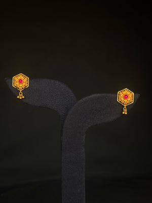 22K Gold Floral/Geometric Earrings with Gemstone & Dangling Beads.